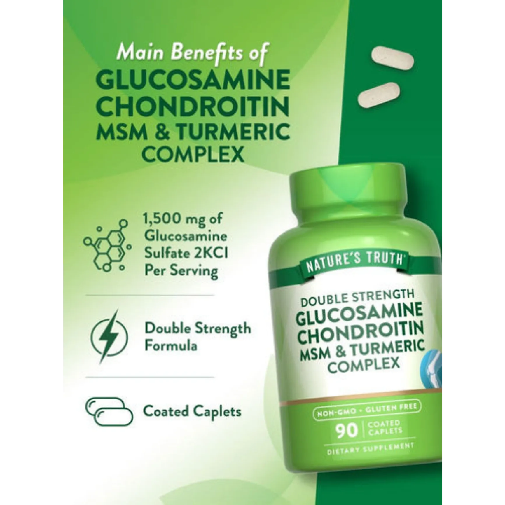 Nature's Truth Double Strength Glucosamine Chondroitin MSM & Turmeric Complex - 90 Coated Caplets (30 Servings)